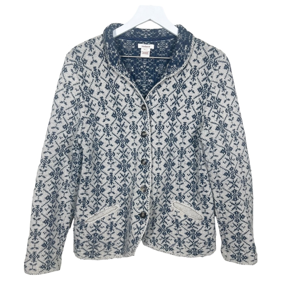 Sundance  Blue and White Fair Isle Knit Button-Front Sweater